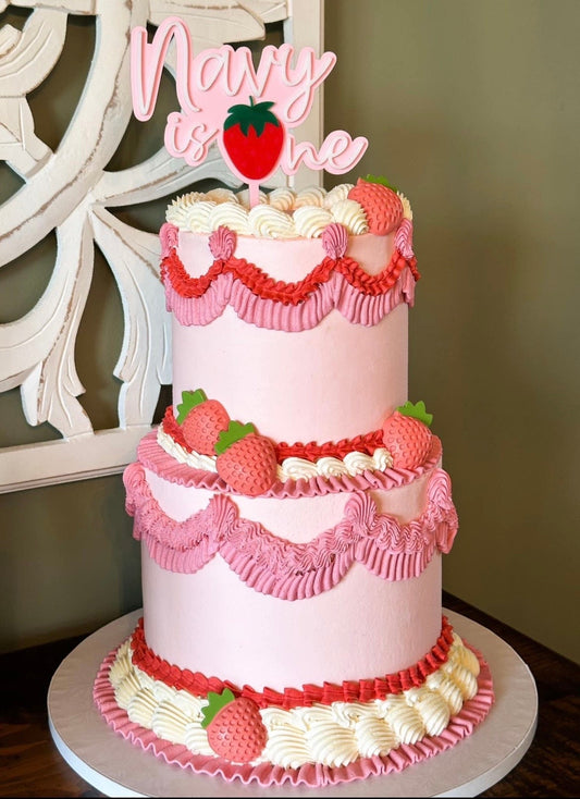 1st birthday strawberry acrylic cake topper | Charm - stylish cake sign for baby girls first Birthday - berry - pink