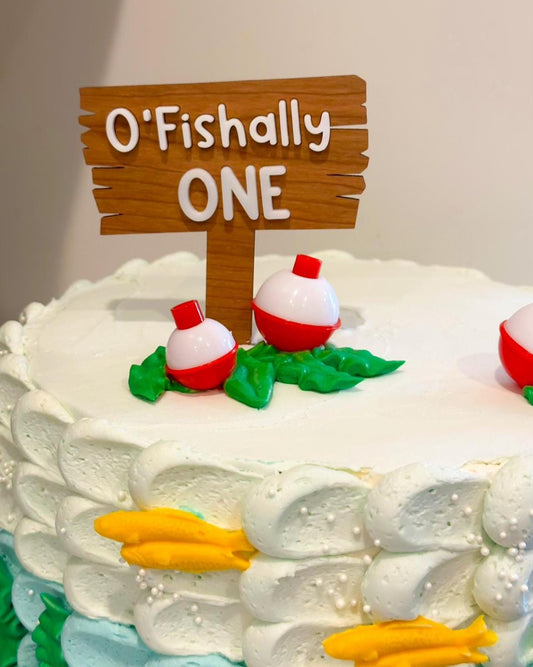 1st birthday O'Fishally One wood acrylic cake topper or Charm - stylish cake sign for baby Birthday - fishing | Fish | outdoor