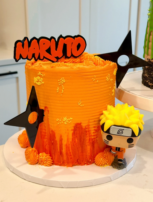 Naruto Ninja orange and black acrylic cake topper with 2 shuriken stars